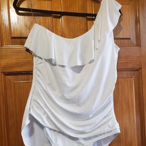 Hilor Women's White One Shoulder Swimwear Asymmetric One Piece Ruffle